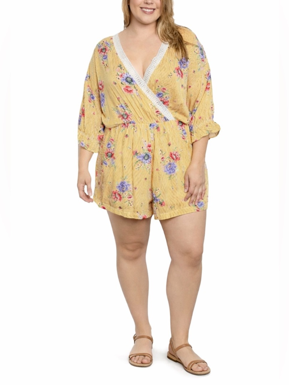 COC Honey Yellow Striped Romper Lightweight Floral Shorts Jumpsuit size 1X